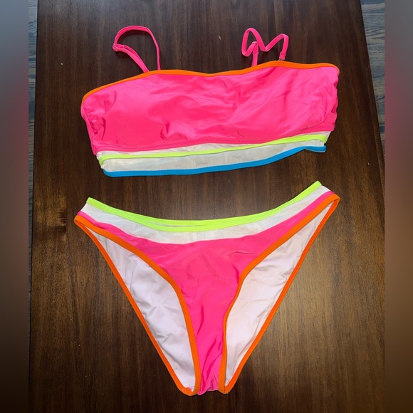 no brand Other - Neon Pink Bikini Set with Lime & Blue Trim and Orange Accent - Size XL